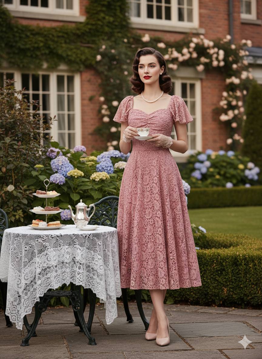 Elegant Dusty Rose Lace Puff Sleeve A-Line Midi Dress