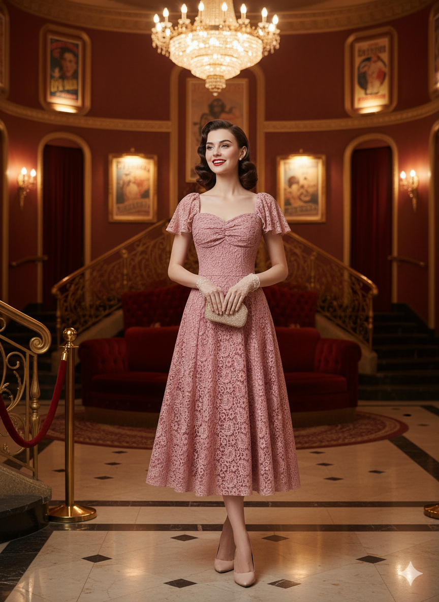 Elegant Dusty Rose Lace Puff Sleeve A-Line Midi Dress