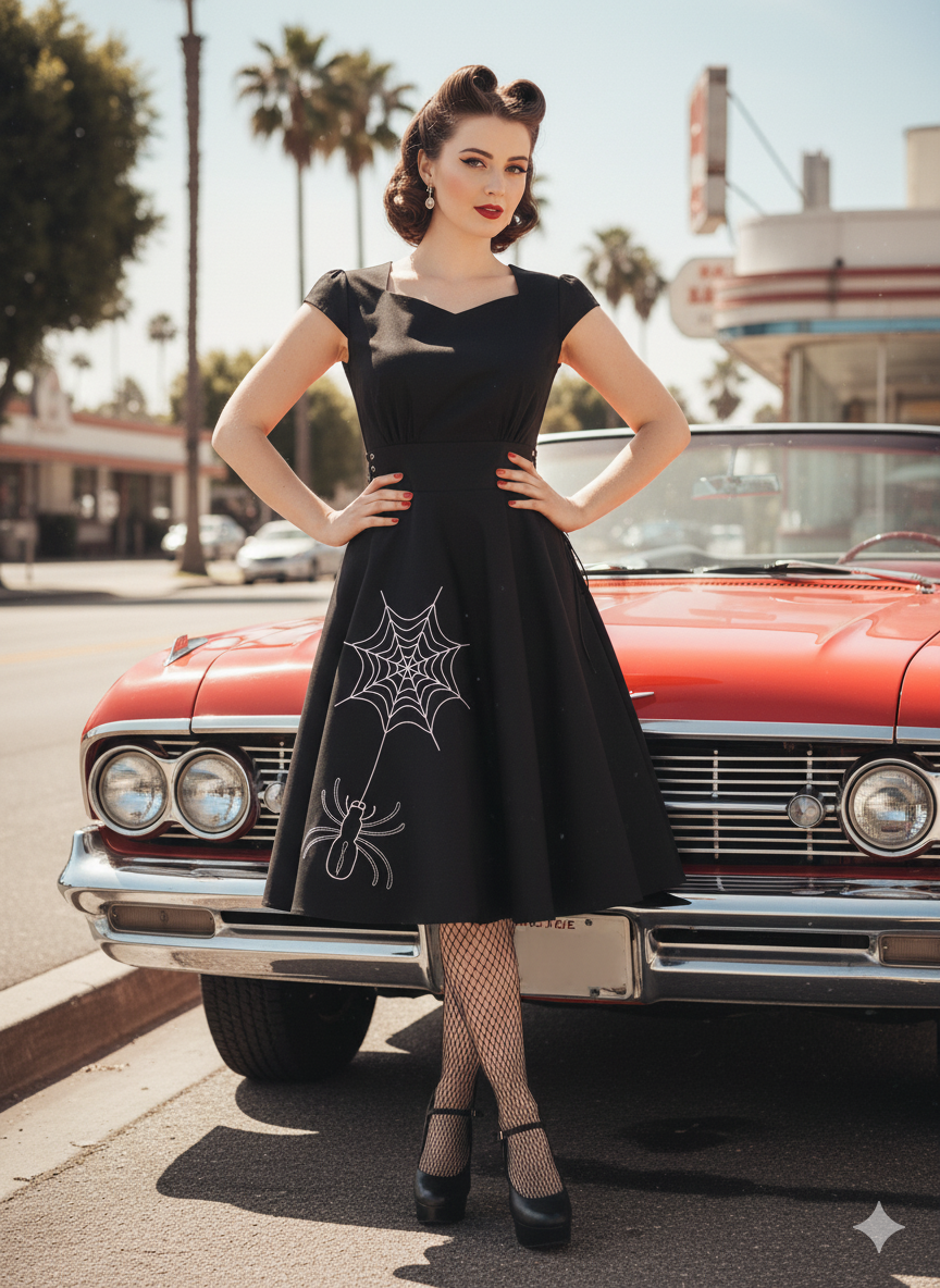 Web of Midnight Dress – Stretch Cotton Elegance with Gothic Flair