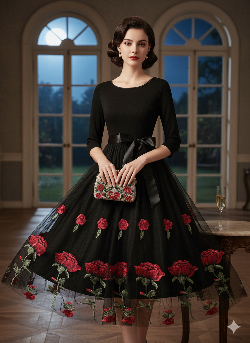 Elegant Vintage Inspired Long Sleeve Mesh Dress
