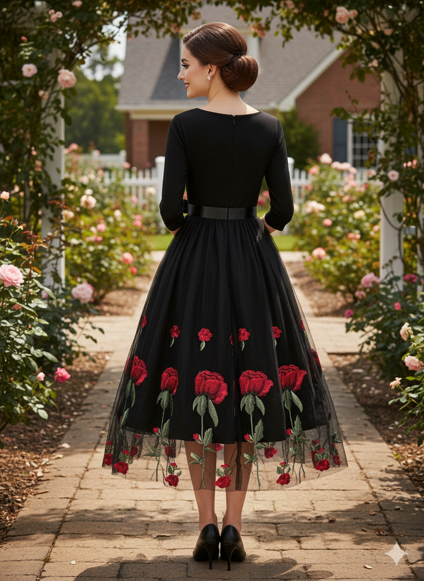 Elegant Vintage Inspired Long Sleeve Mesh Dress