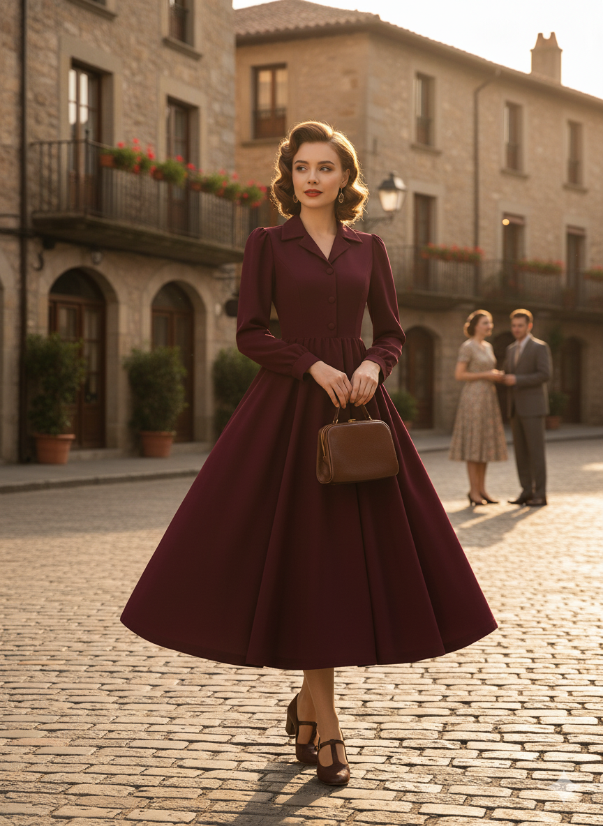 PLEATPOISE DRESS – Collared Vintage Grace in Stretch Polyester