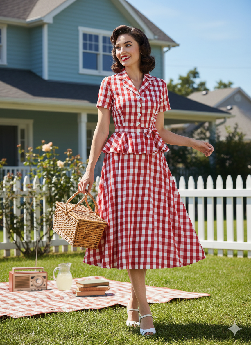 CHECKFLARE DRESS – Peplum Picnic Grace in Pure Cotton