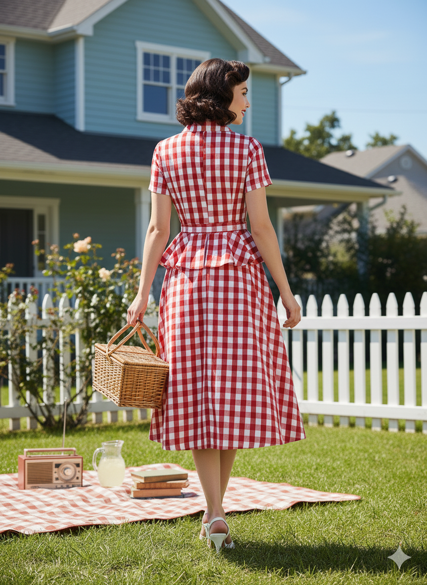 CHECKFLARE DRESS – Peplum Picnic Grace in Pure Cotton