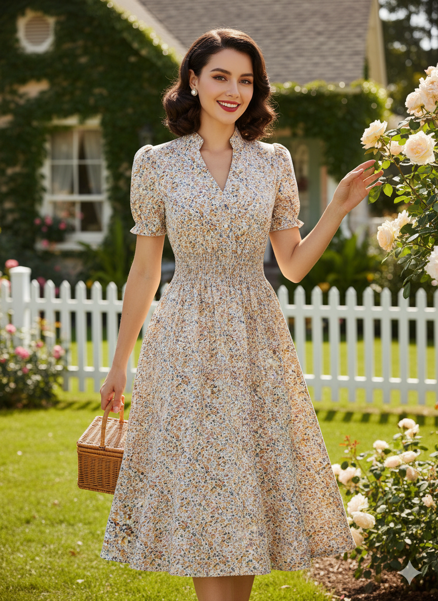 SHIRRFLORA DRESS – Buttoned Bloom in Sculpted Polyester