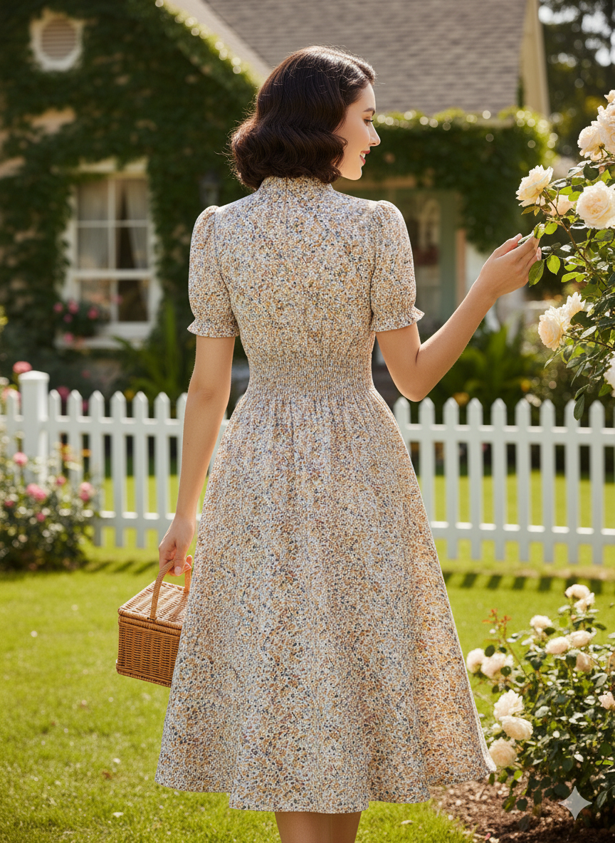 SHIRRFLORA DRESS – Buttoned Bloom in Sculpted Polyester