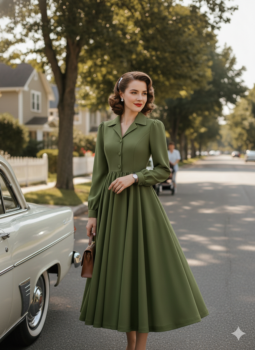 PLEATPOISE DRESS – Collared Vintage Grace in Stretch Polyester