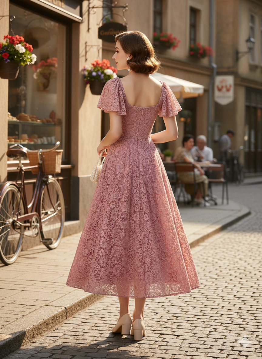 Elegant Dusty Rose Lace Puff Sleeve A-Line Midi Dress