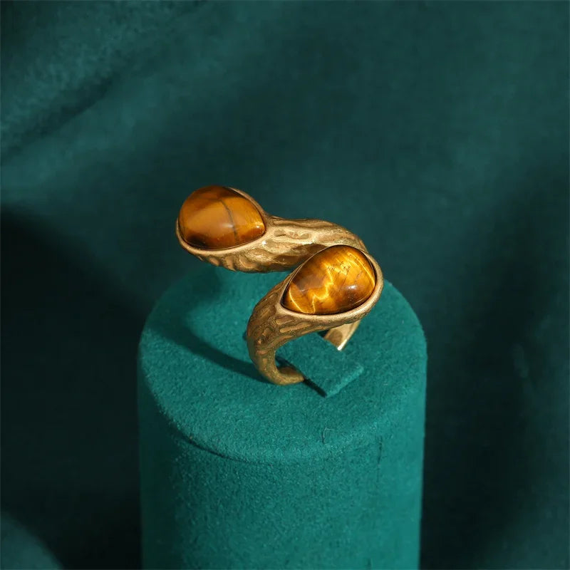 Vintage Double Teardrop Tiger's Eye Gold Plated Open Ring - Natural Stone Inlay