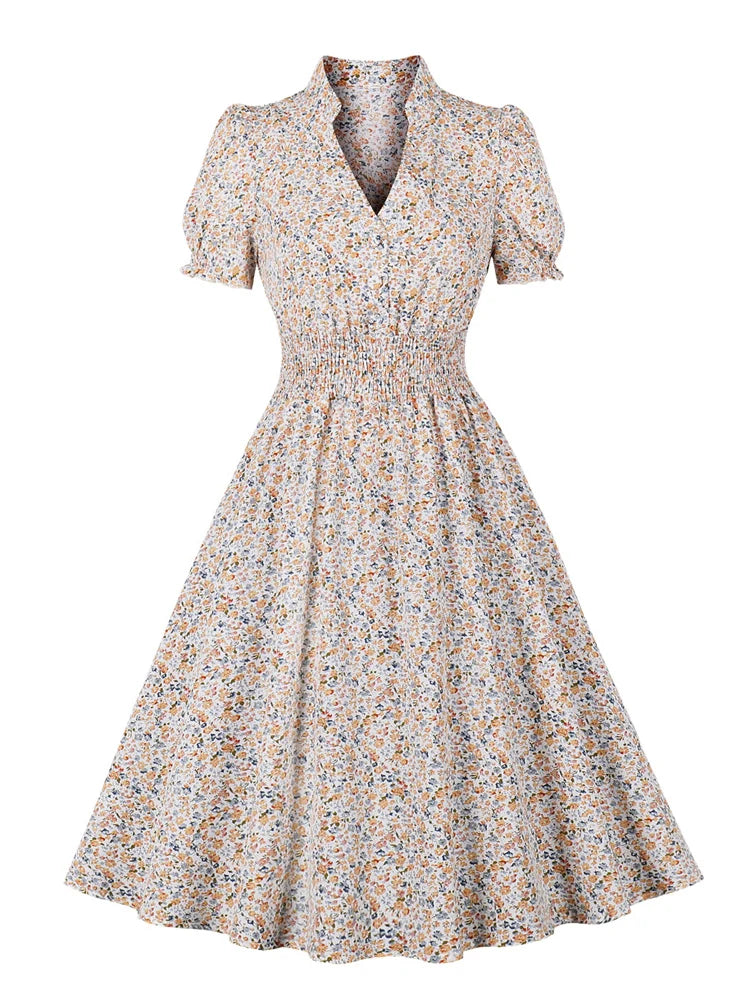 SHIRRFLORA DRESS – Buttoned Bloom in Sculpted Polyester