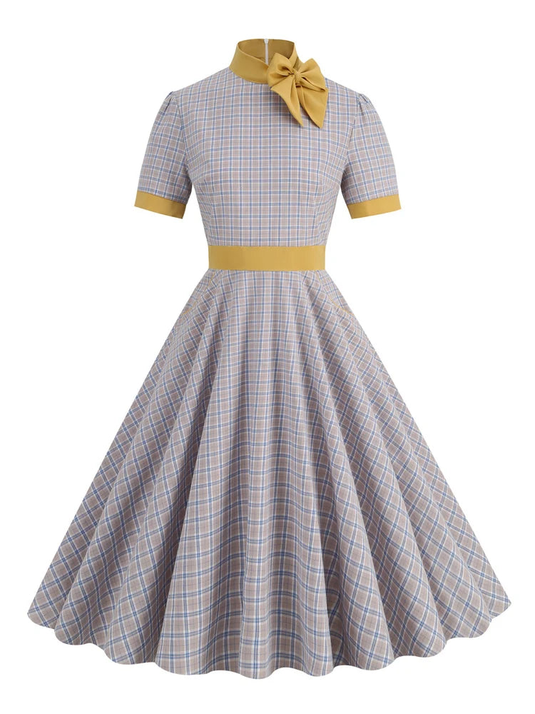 PLAIDRIBBON DRESS – Mid-Calf Swing with Contrast Bow