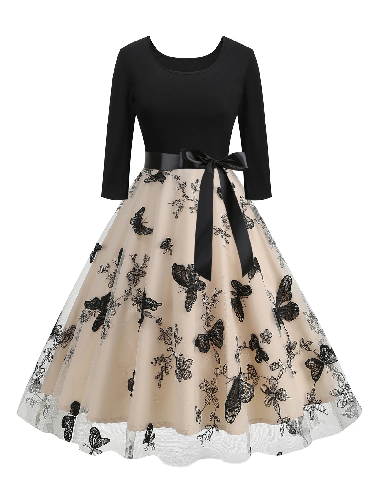Elegant Vintage Inspired Long Sleeve Mesh Dress