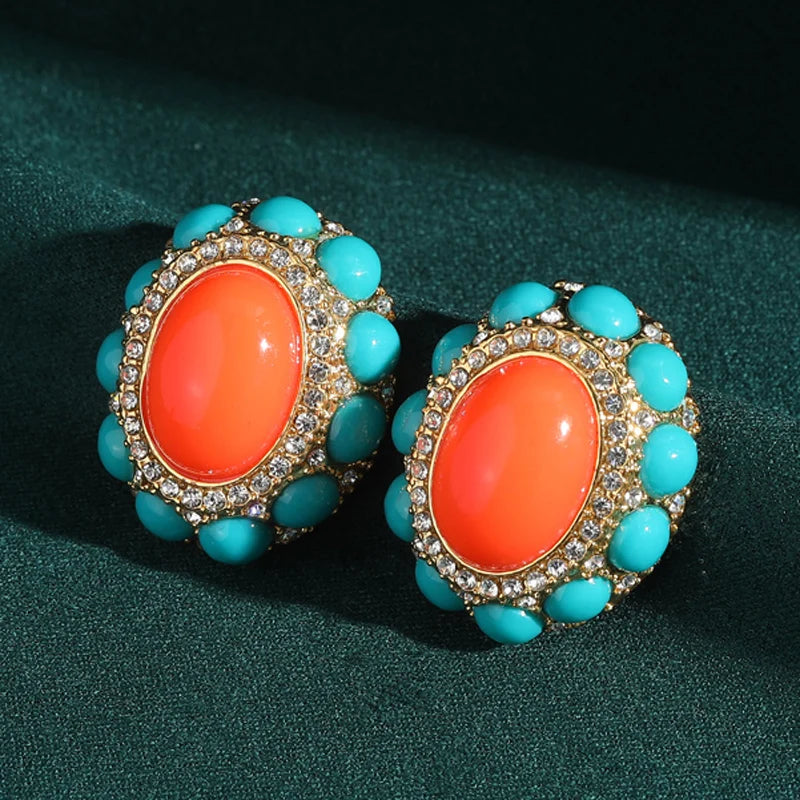 Boho Mod Orange & Turquoise Stud Earrings – Sunburst Statement Pair