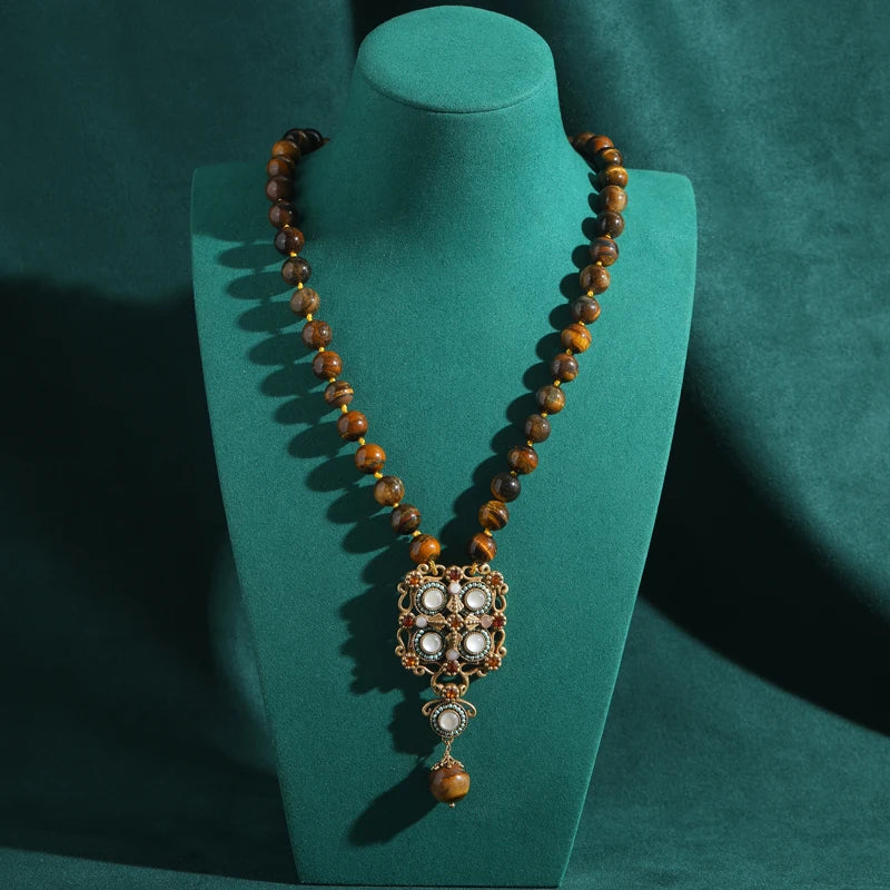 Vintage Tiger's Eye Beaded Necklace with Ornate Pendant