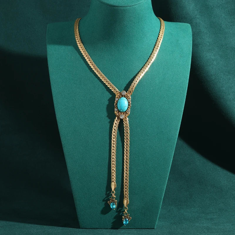 Long Retro Turquoise Pendant Necklace with Tassel