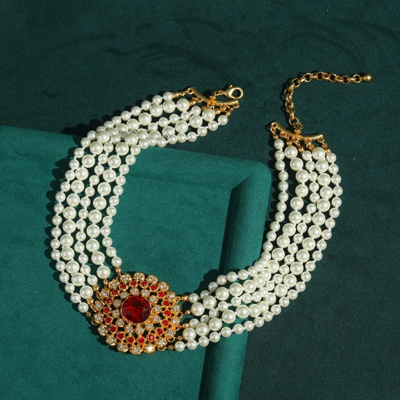 Vintage 5-Layered Crystal Sunflower Necklace with Red Glass Center