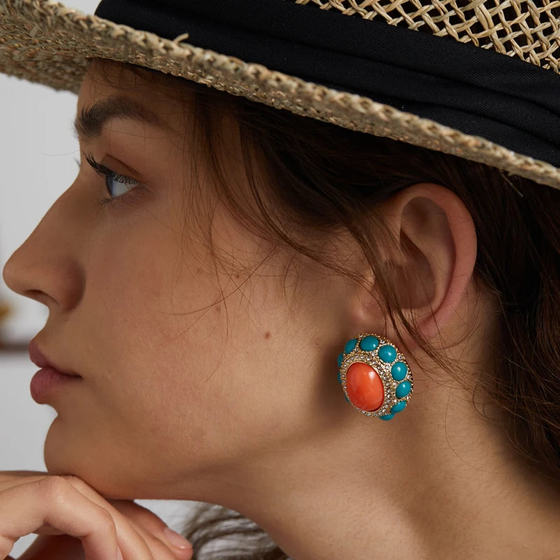 Boho Mod Orange & Turquoise Stud Earrings – Sunburst Statement Pair