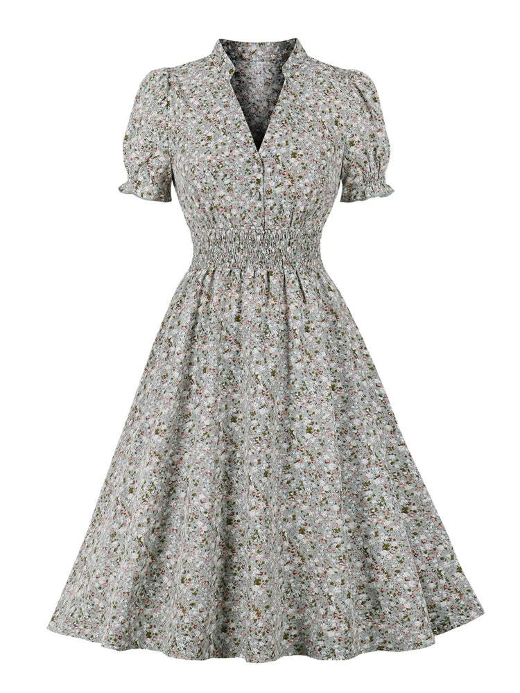 SHIRRFLORA DRESS – Buttoned Bloom in Sculpted Polyester
