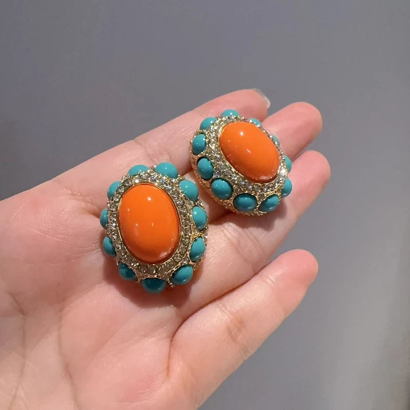 Boho Mod Orange & Turquoise Stud Earrings – Sunburst Statement Pair