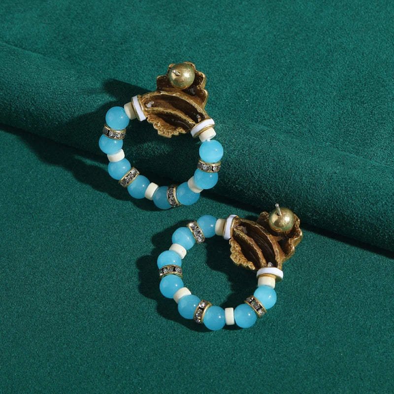 Vintage White Shell & Blue Bead Hoop Earrings - Silver Inlay & Rhinestone