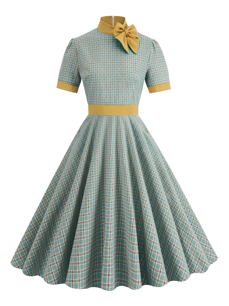 PLAIDRIBBON DRESS – Mid-Calf Swing with Contrast Bow