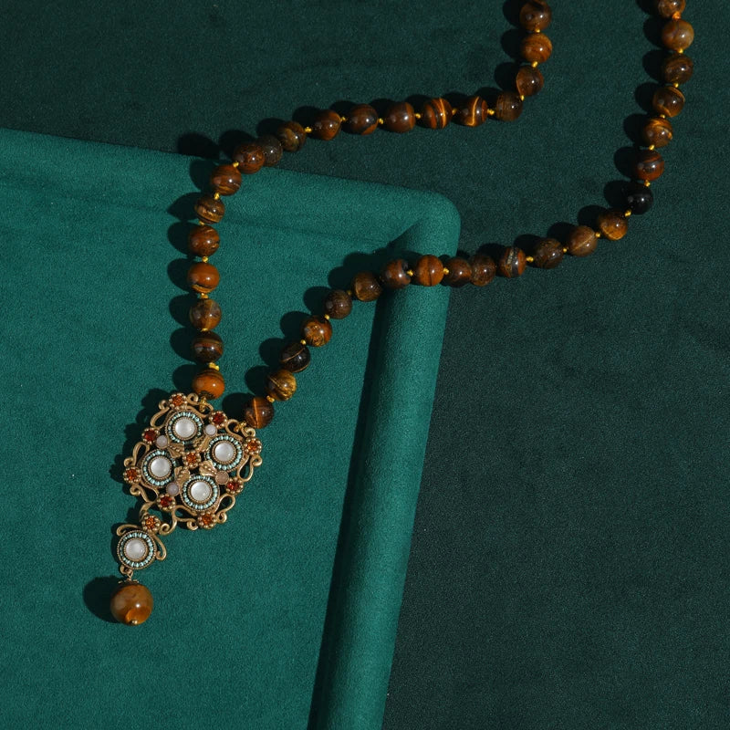 Vintage Tiger's Eye Beaded Necklace with Ornate Pendant