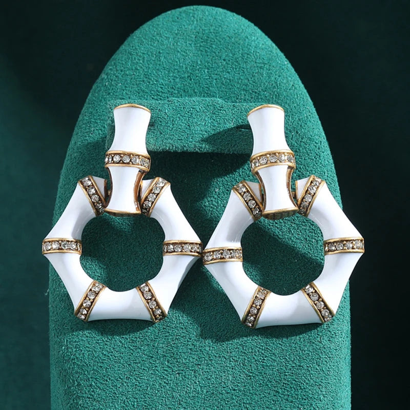 Vintage White Enamel Bamboo Hoop Gold Plated Earrings - Natural Stone Inlay