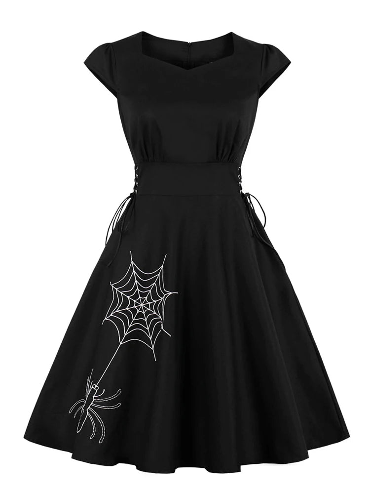 Web of Midnight Dress – Stretch Cotton Elegance with Gothic Flair