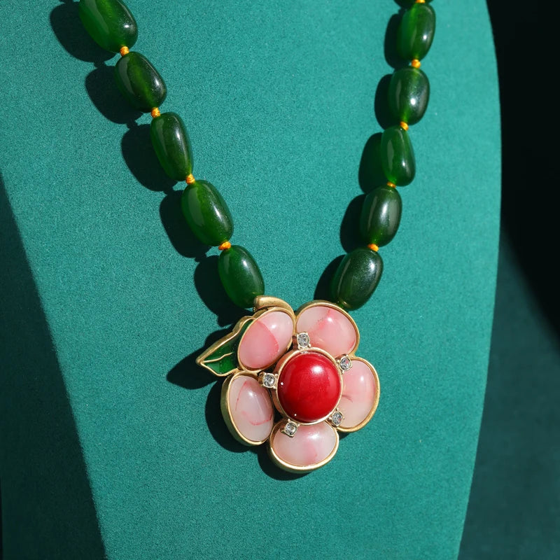 Vintage Green Glaze Beaded Necklace with Pink Flower Pendant