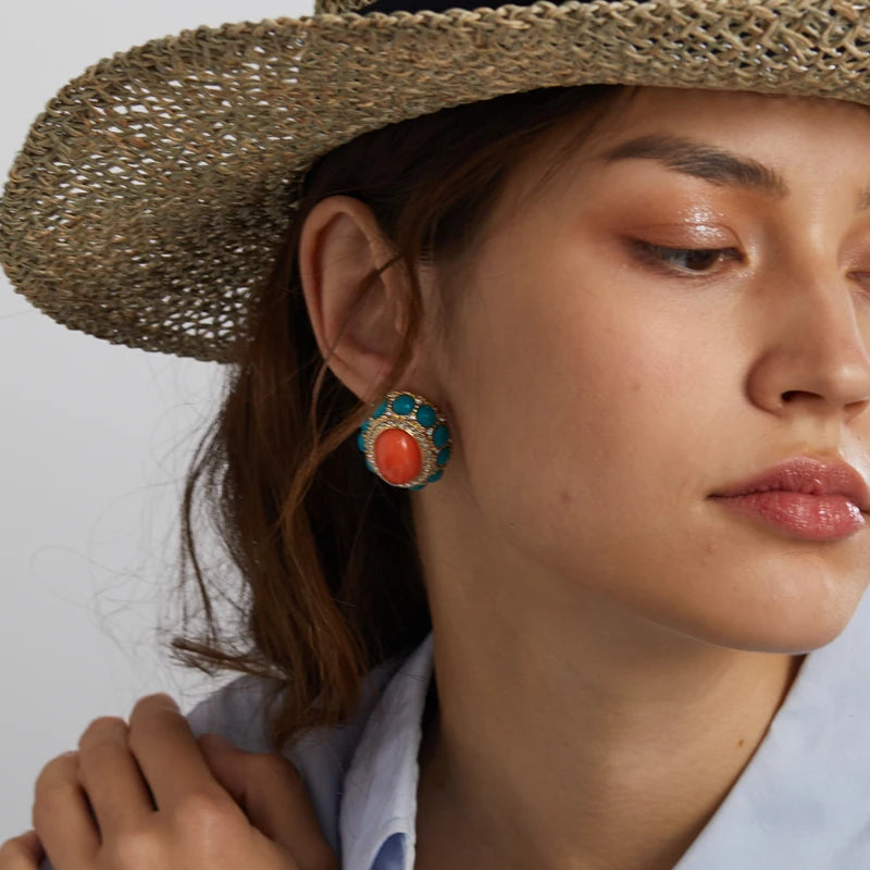 Boho Mod Orange & Turquoise Stud Earrings – Sunburst Statement Pair