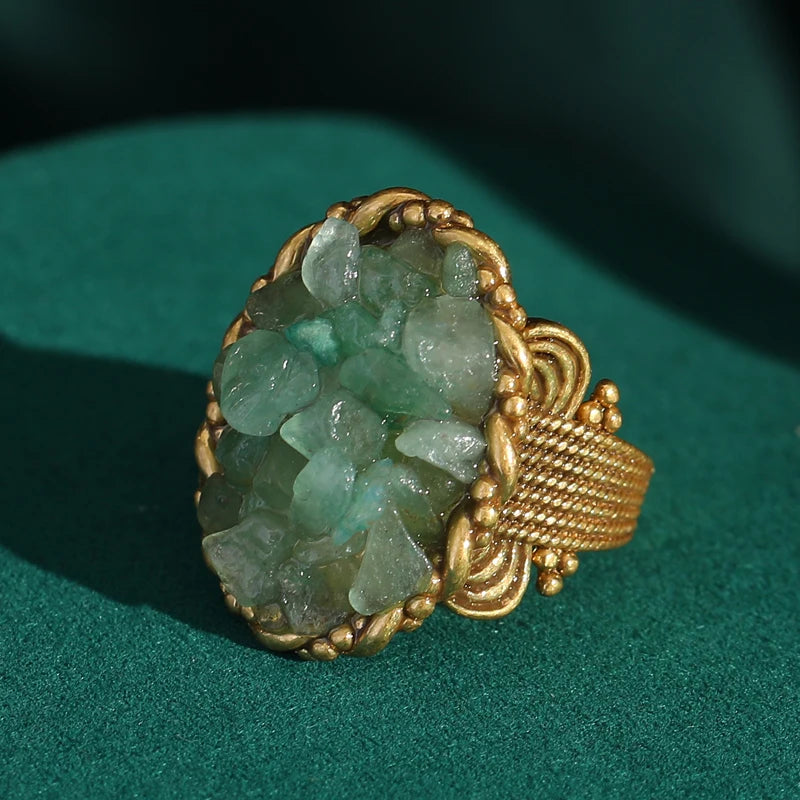 1960s Boho Mod Gravel Green Stone Ring – Gold-Plated Statement Piece