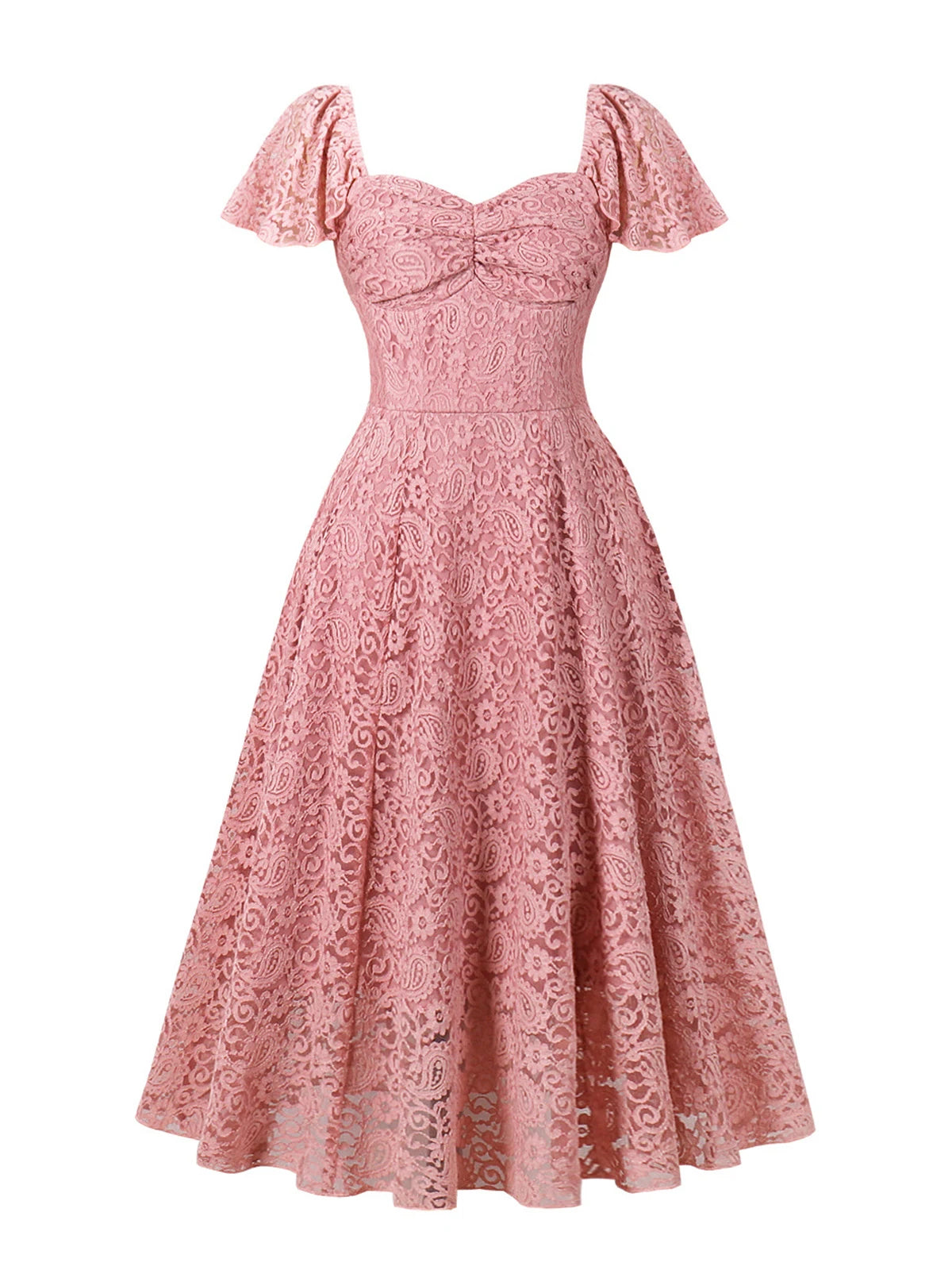 Elegant Dusty Rose Lace Puff Sleeve A-Line Midi Dress