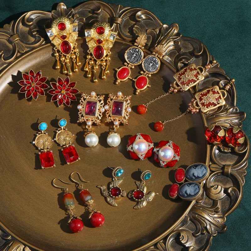 Boho Mod Red Floral Stud Earrings – Round Natural Stone Statement Pair