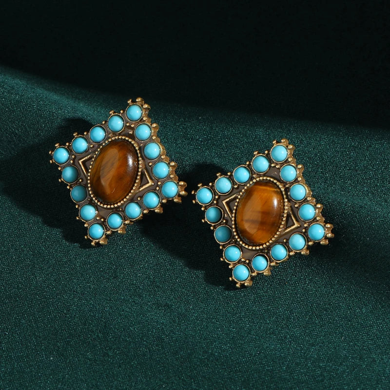 1960s Boho Mod Stud Earrings – Tiger Eye & Turquoise Beaded Squares