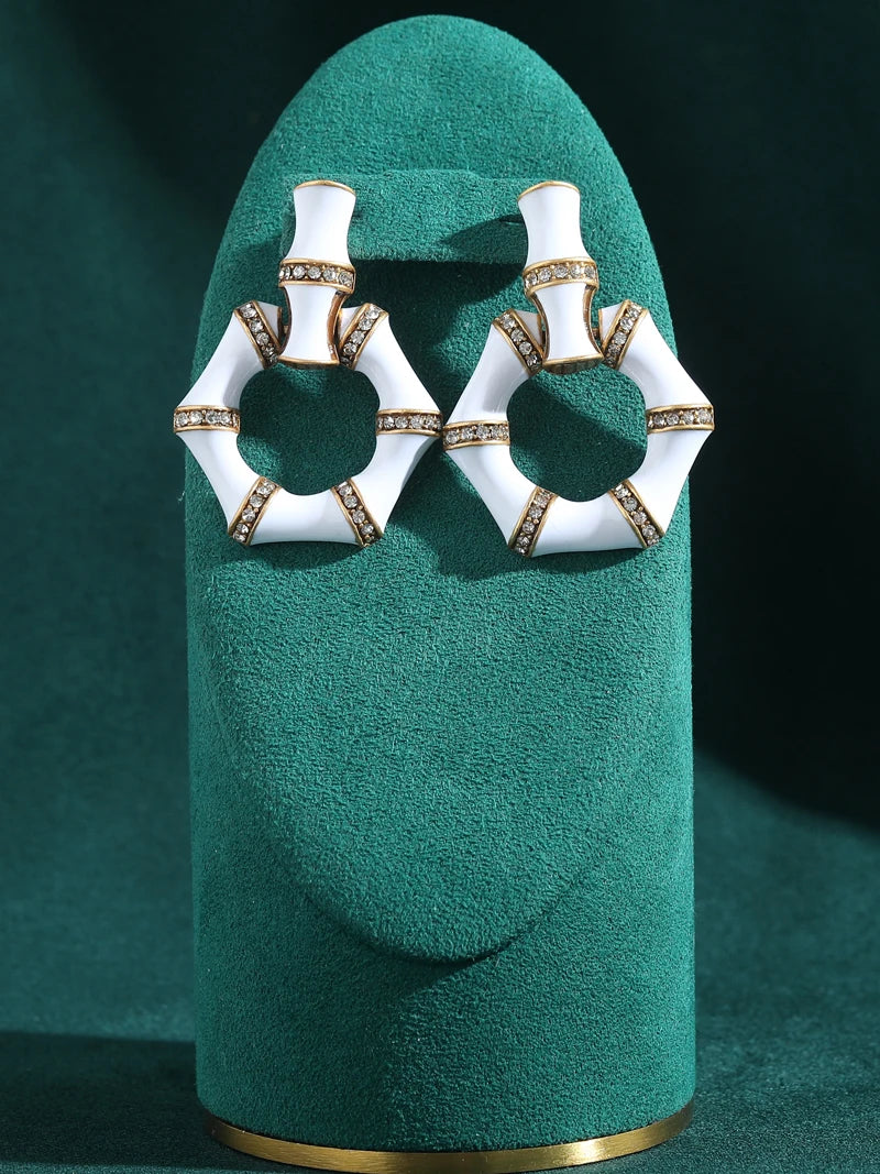 Vintage White Enamel Bamboo Hoop Gold Plated Earrings - Natural Stone Inlay