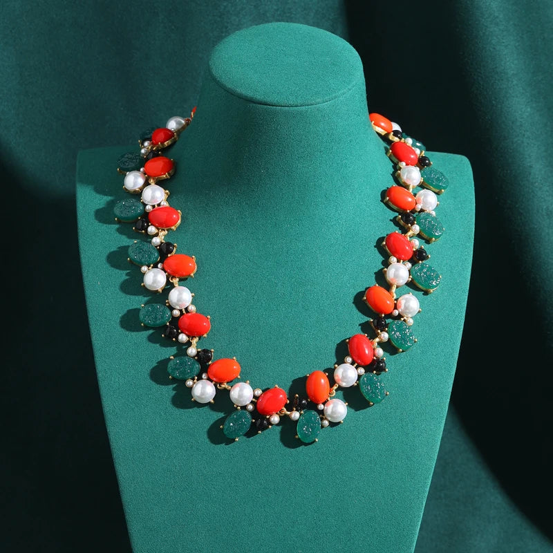 Vintage Red Agate & Green Glaze Pearl Christmas Necklace