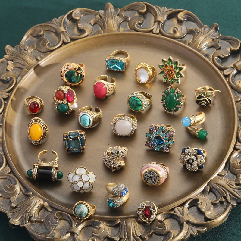 1960s Boho Mod Globe Ring – Green & Pink Natural Stone