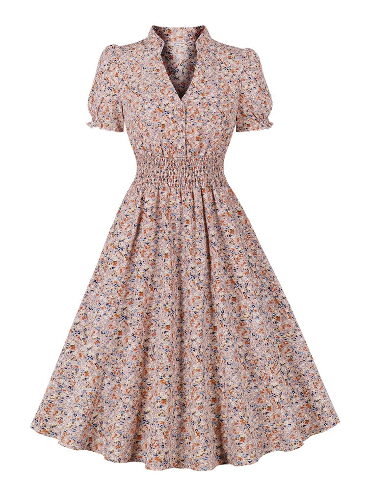 SHIRRFLORA DRESS – Buttoned Bloom in Sculpted Polyester