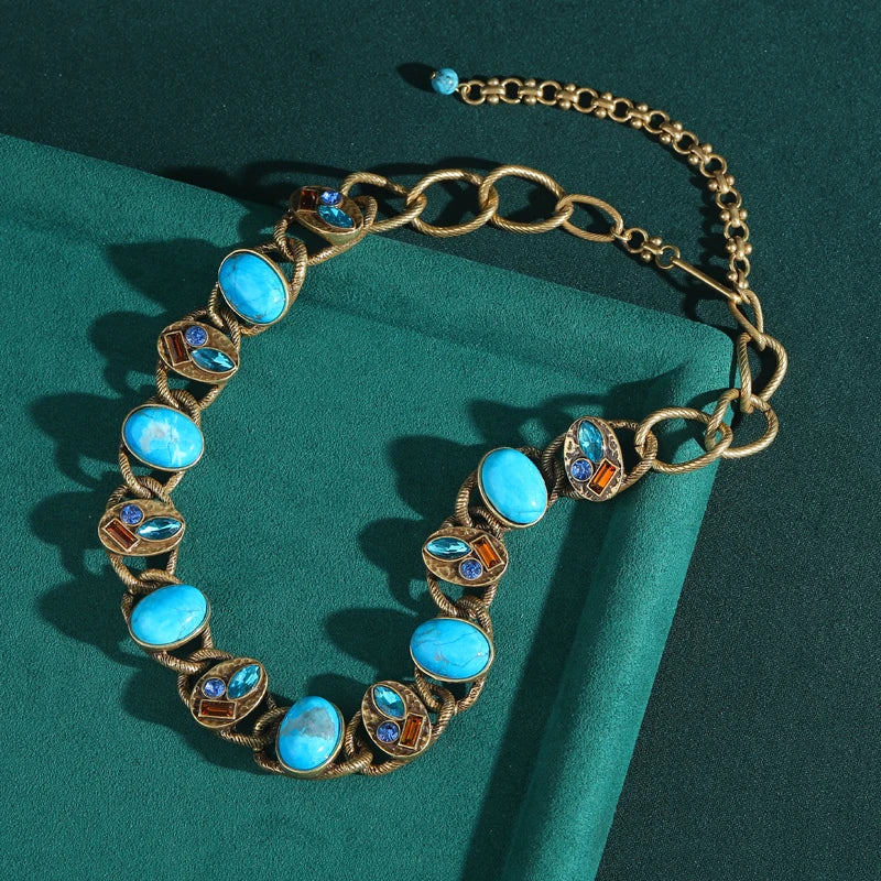 Vintage Turquoise Blue Stone Necklace with Antique Gold Chain