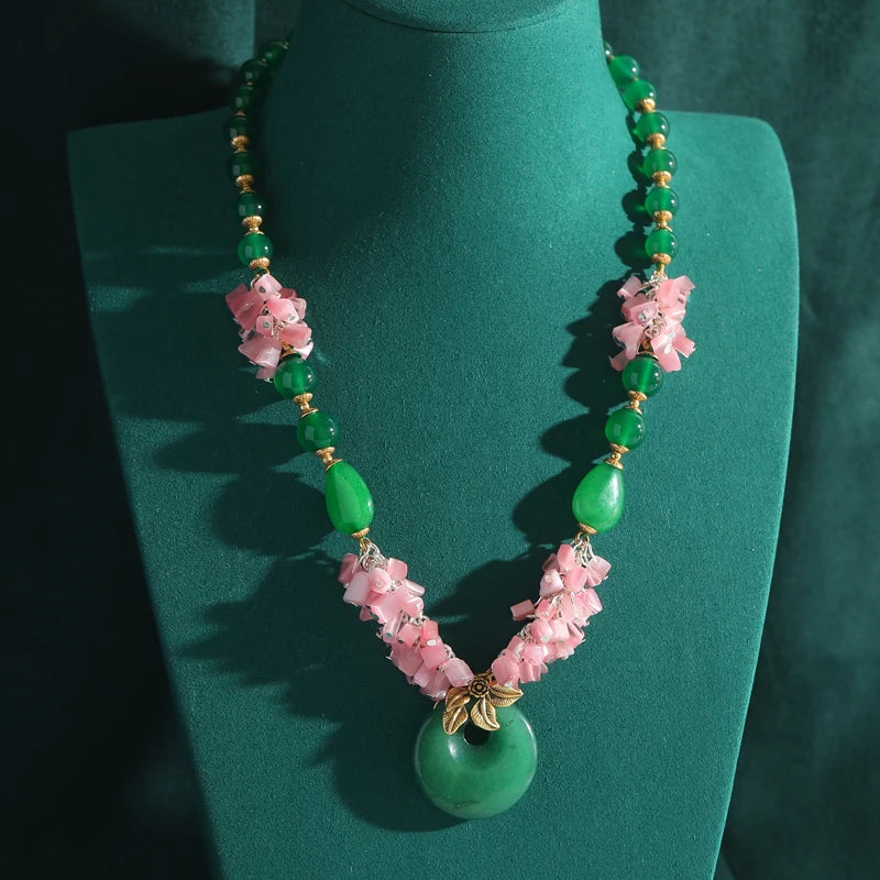 Vintage Jade Beaded Necklace with Pink Flower Accents