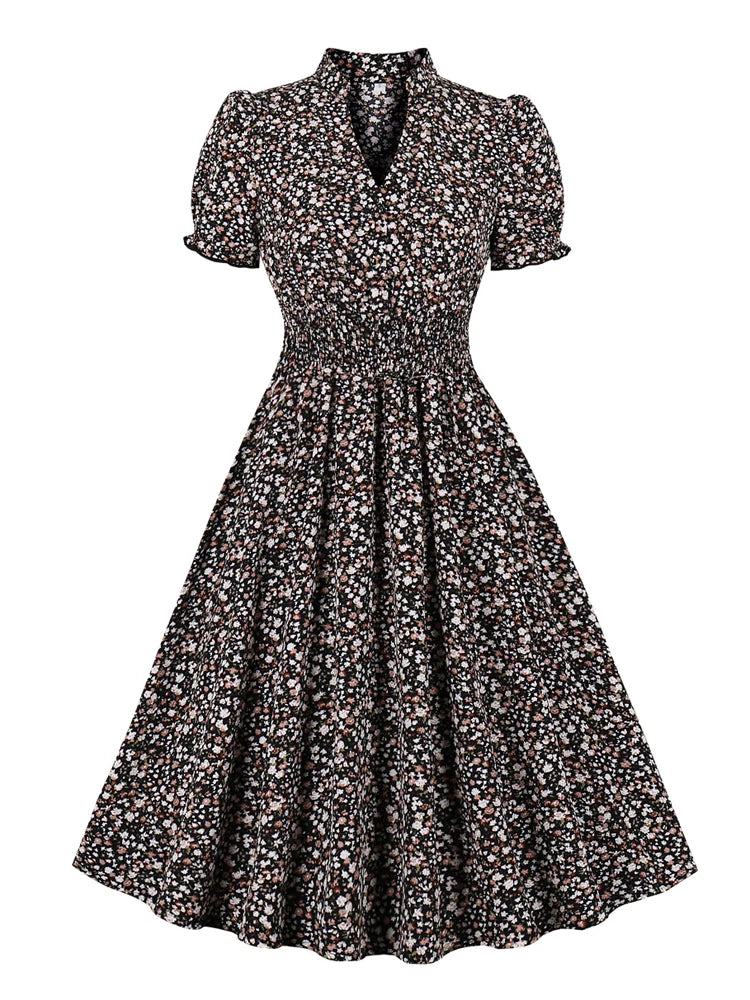 SHIRRFLORA DRESS – Buttoned Bloom in Sculpted Polyester