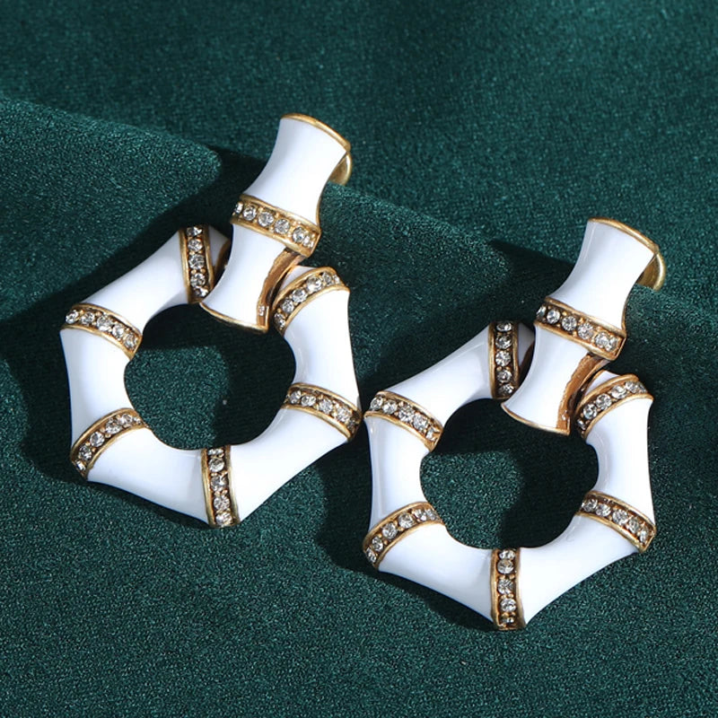 Vintage White Enamel Bamboo Hoop Gold Plated Earrings - Natural Stone Inlay