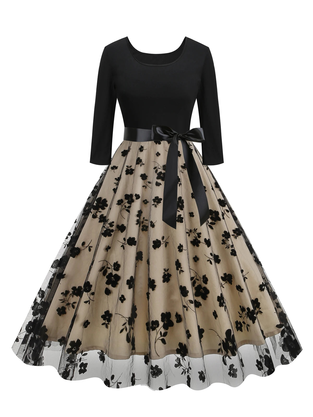 Elegant Vintage Inspired Long Sleeve Mesh Dress
