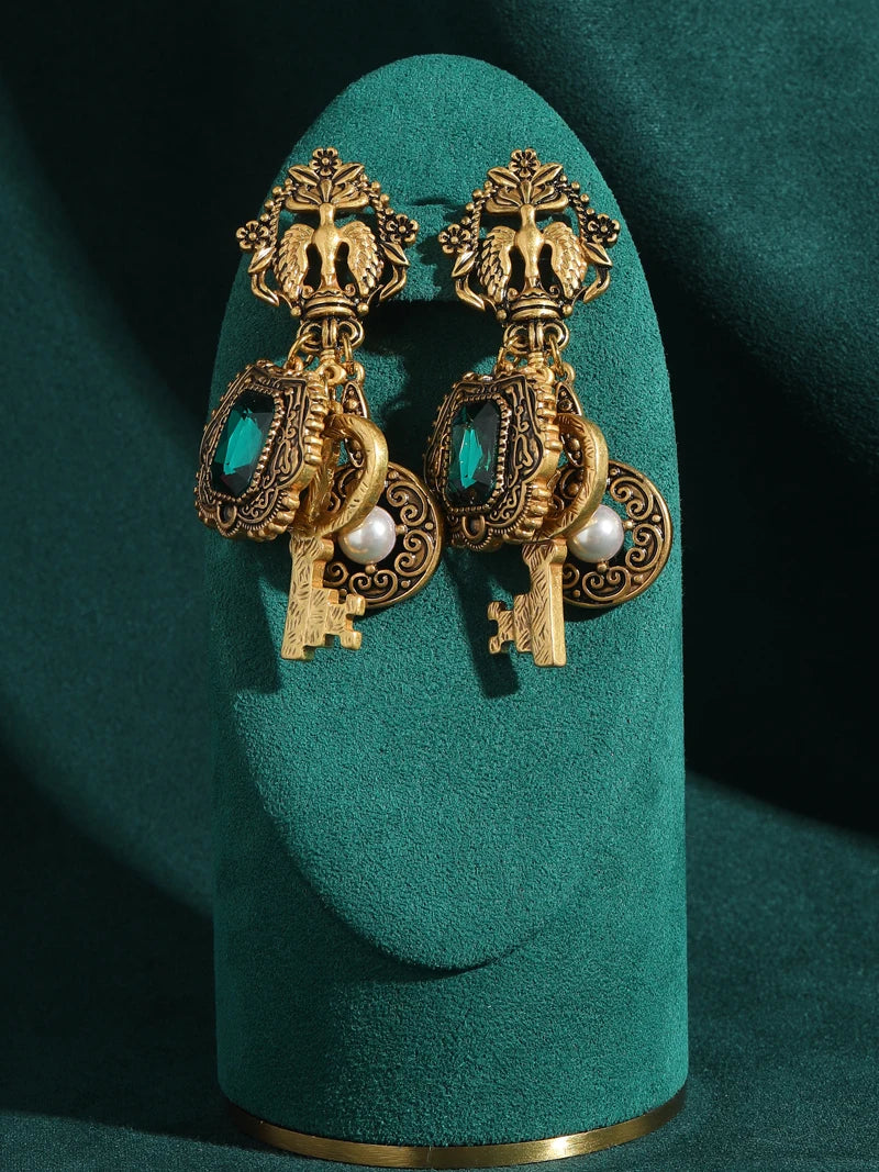 Vintage Green Crystal Key Drop Earrings with Pearl