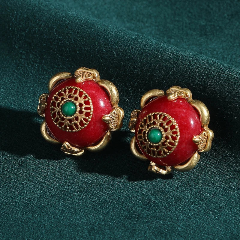 Boho Mod Red Floral Stud Earrings – Round Natural Stone Statement Pair