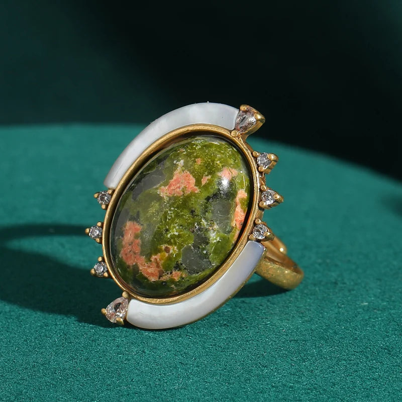 1960s Boho Mod Globe Ring – Green & Pink Natural Stone
