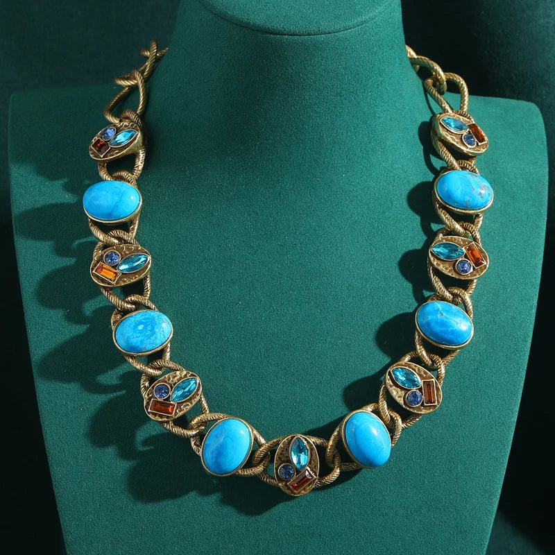 Vintage Turquoise Blue Stone Necklace with Antique Gold Chain