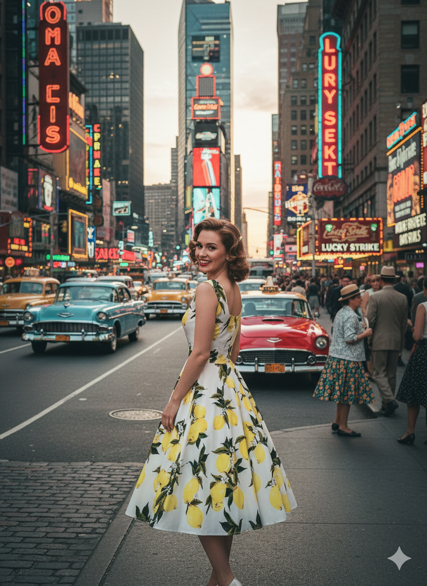 Vintage Charm Lemon Print A-Line Swing Dress