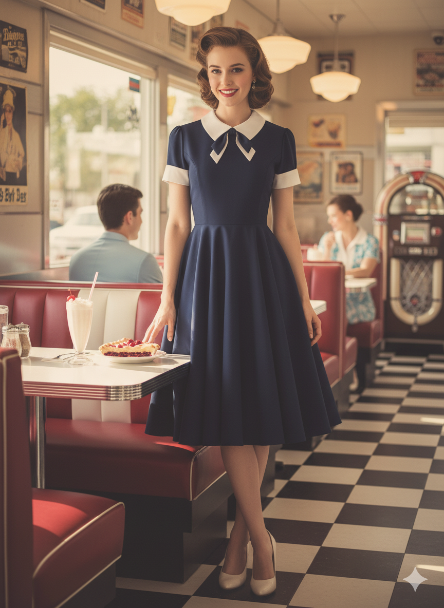 Sophisticated Siren 1950s Sailor Collar Swing Dress