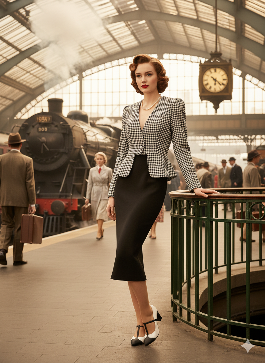 Vintage Chic Houndstooth Peplum Blazer - Retro Cropped V-Neck Jacket